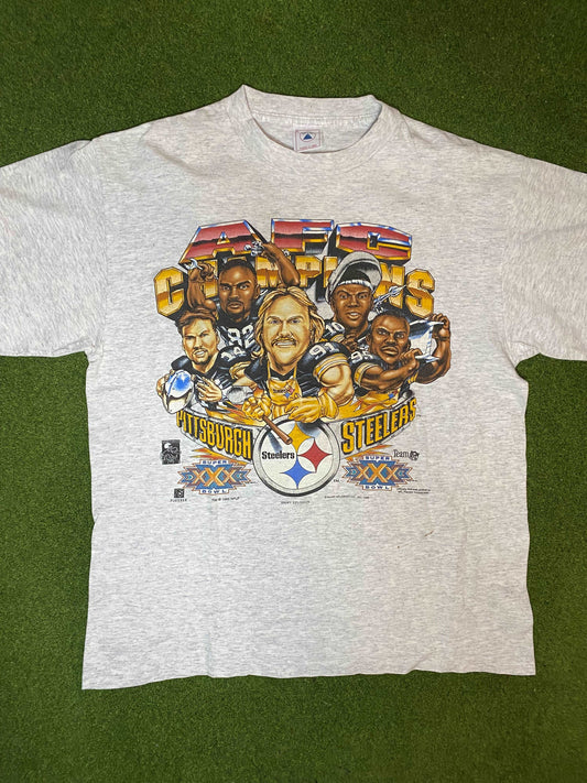 1995 Pittsburgh Steelers - AFC Champions - Roster Caricature - Vintage NFL T-Shirt (Large) Gametime Vintage