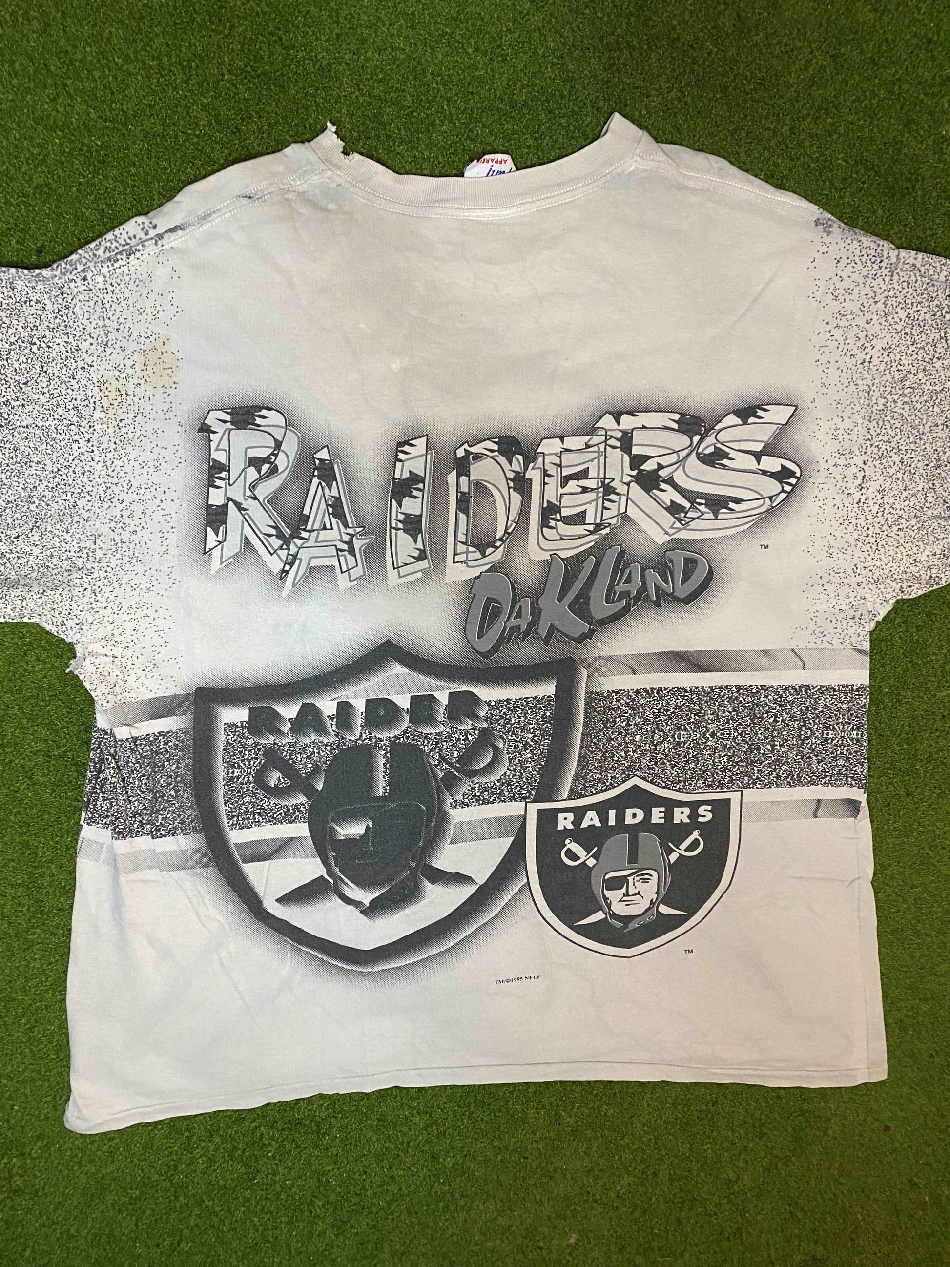 1995 Oakland Raiders - Print All Over - Vintage NFL T-Shirt (XL)