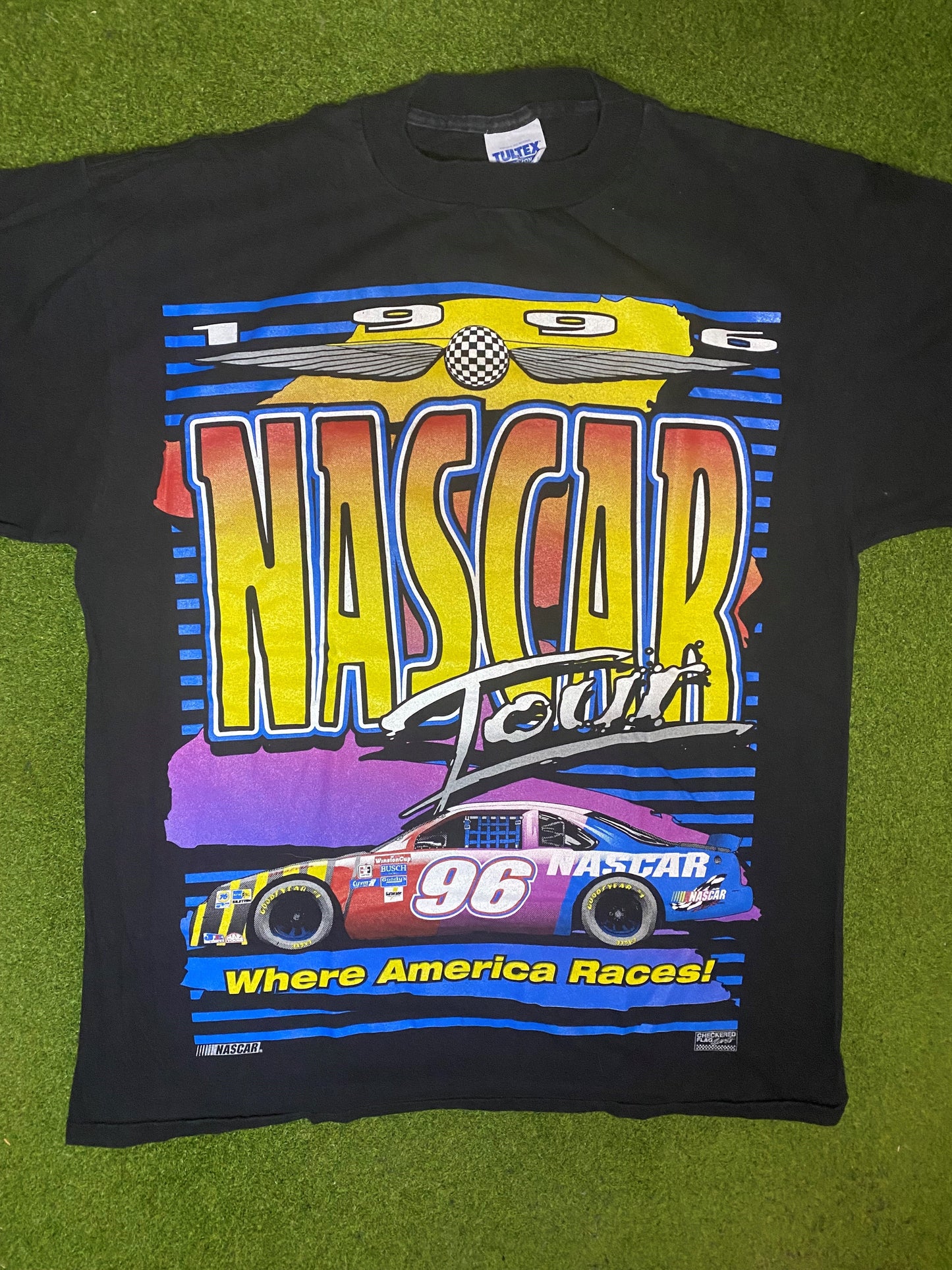 1996 NASCAR Tour - Where America Races - Double Sided - Vintage NASCAR T-Shirt (Large)