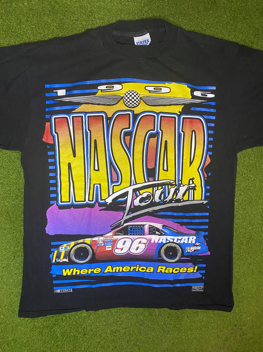 1996 NASCAR Tour - Where America Races - Double Sided - Vintage NASCAR T-Shirt (Large) 