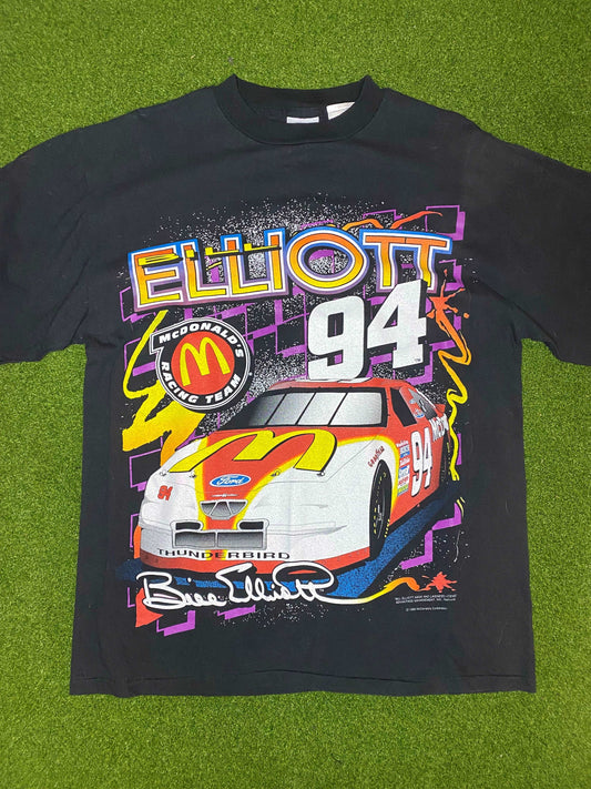 1996 Bill Elliott Double Sided - Mcdonalds Logo - Vintage NASCAR Tee Shirt (Large)