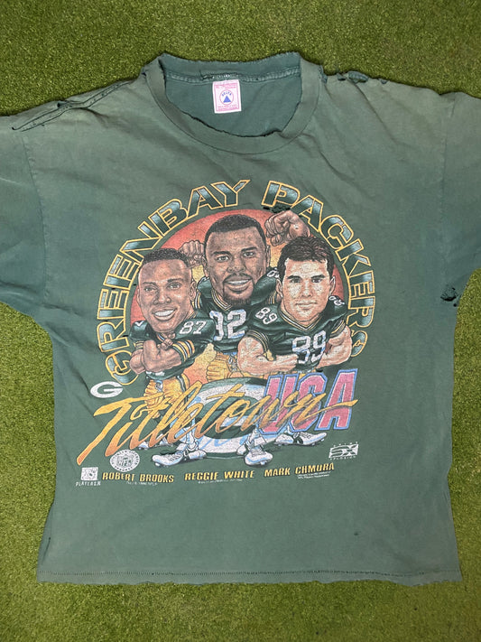 1996 Green Bay Packers - Title Town - Vintage NFL Player T Shirt (XL)