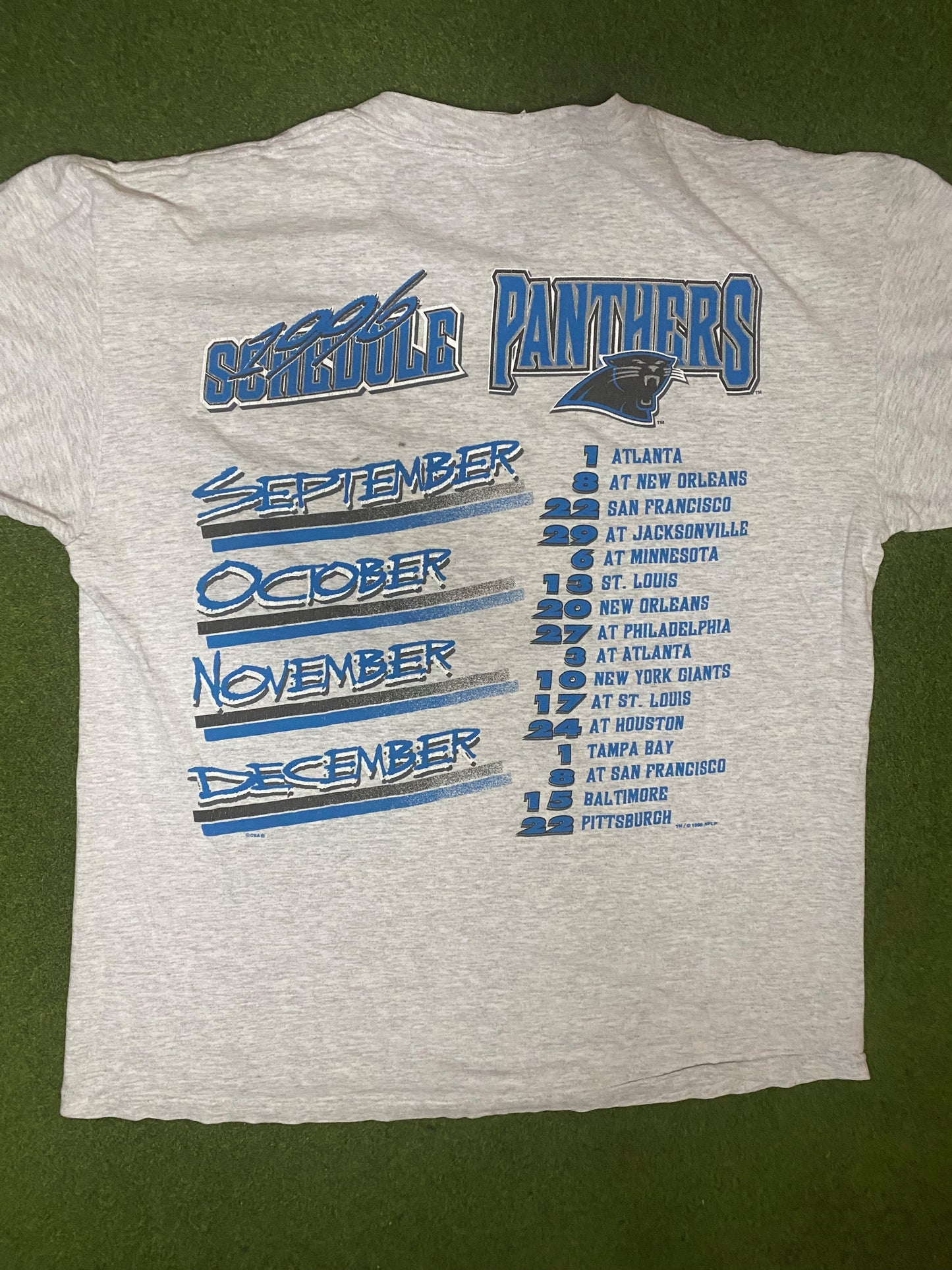 1996 Carolina Panthers - Double Sided Schedule - Vintage NFL T-Shirt (Large) Gametime Vintage