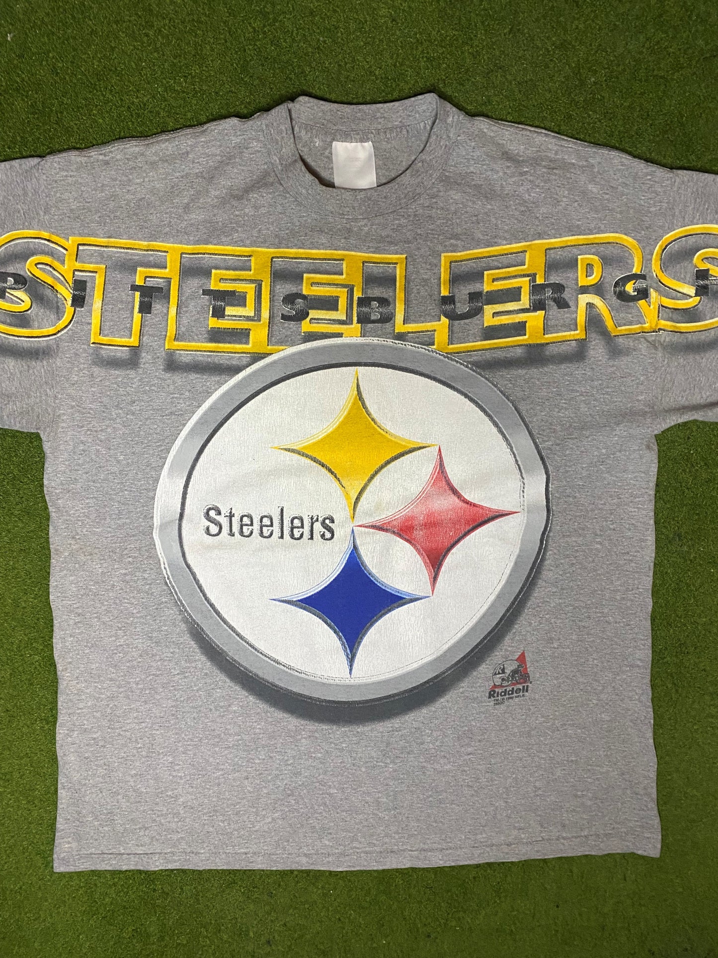 Pittsburgh Steelers de 1996 - Estampado completo - Camiseta vintage NFL (Talla L)