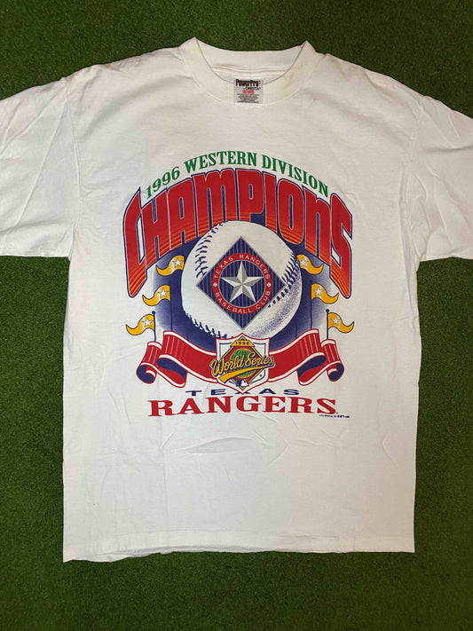 1996 Texas Rangers - Western Div Champs - Vintage MLB T-Shirt (Large) Gametime Vintage