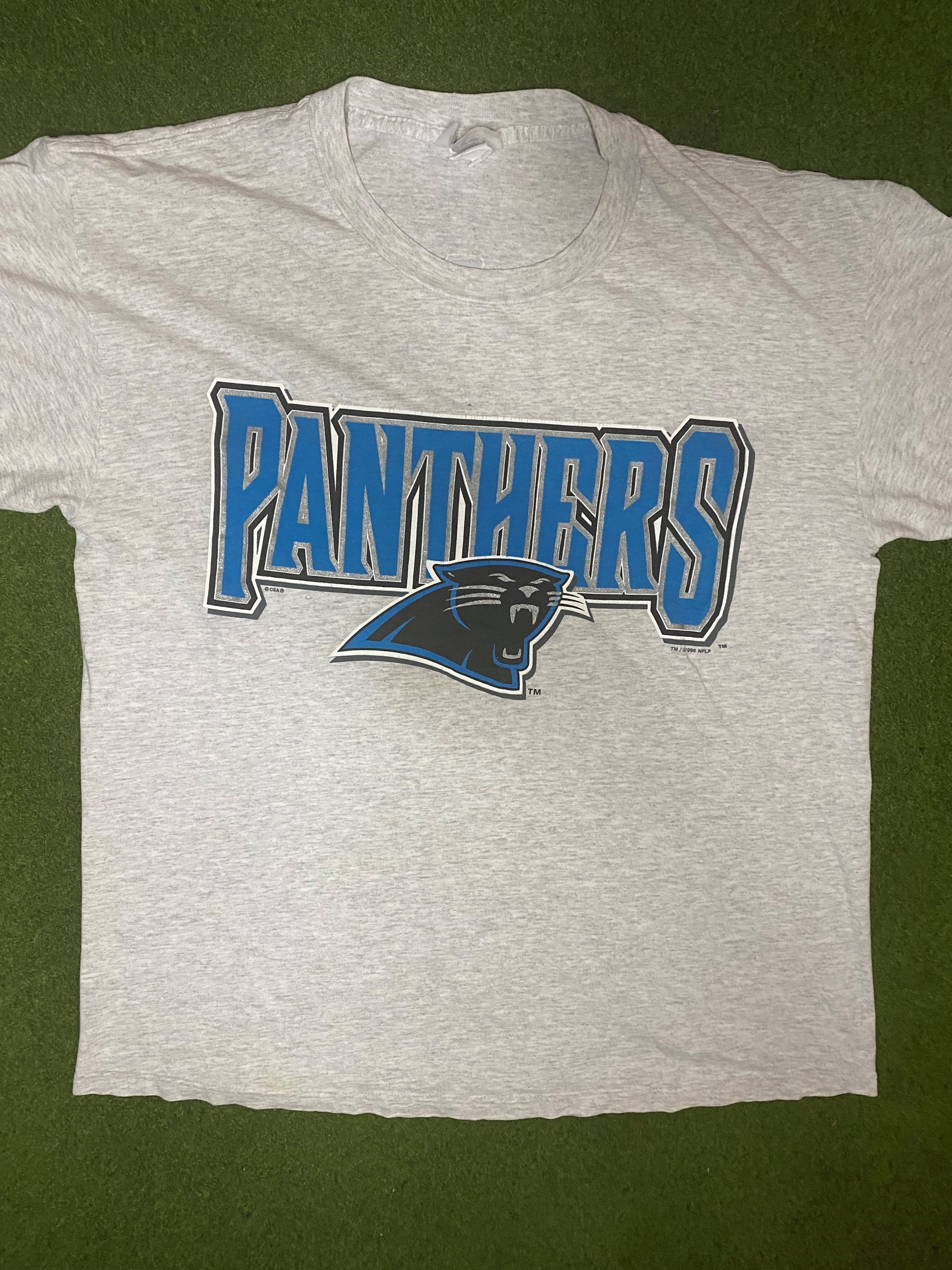 1996 Carolina Panthers - Double Sided Schedule - Vintage NFL T-Shirt (Large)