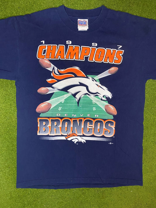 1997 Denver Broncos - Champions - Double Sided - Vintage NFL T-Shirt (Large) Gametime Vintage