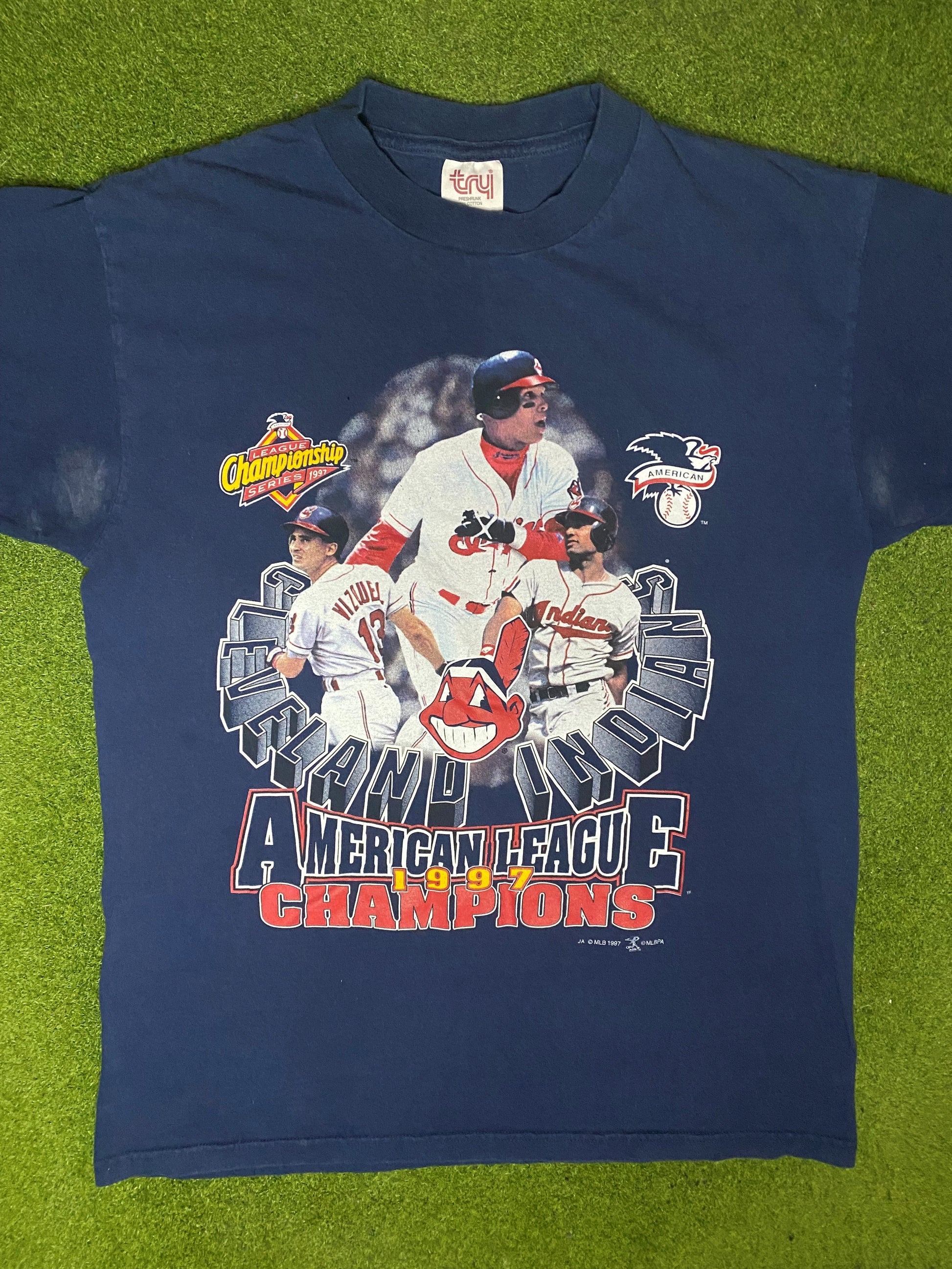 1997 Cleveland Indians - AL Champions - Vintage MLB Player T Shirt (Large) - Gametime Vintage