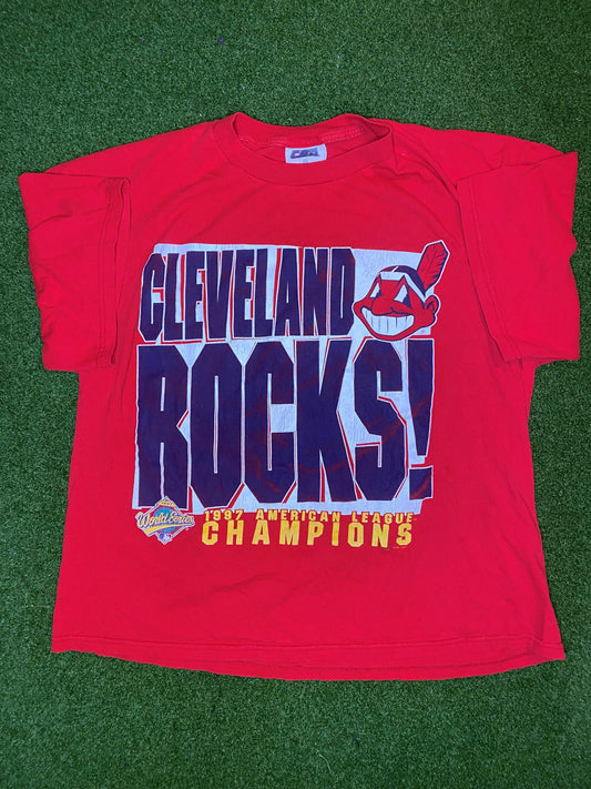 1997 Cleveland Indians - AL Champs - Cleveland Rocks - Vintage MLB Tee Shirt (XL)