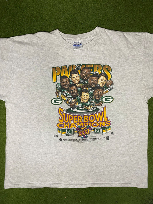 1997 Green Bay Packers - Super Bow Champions Roster Caricature - Vintage NFL T Shirt (2XL) - Gametime Vintage