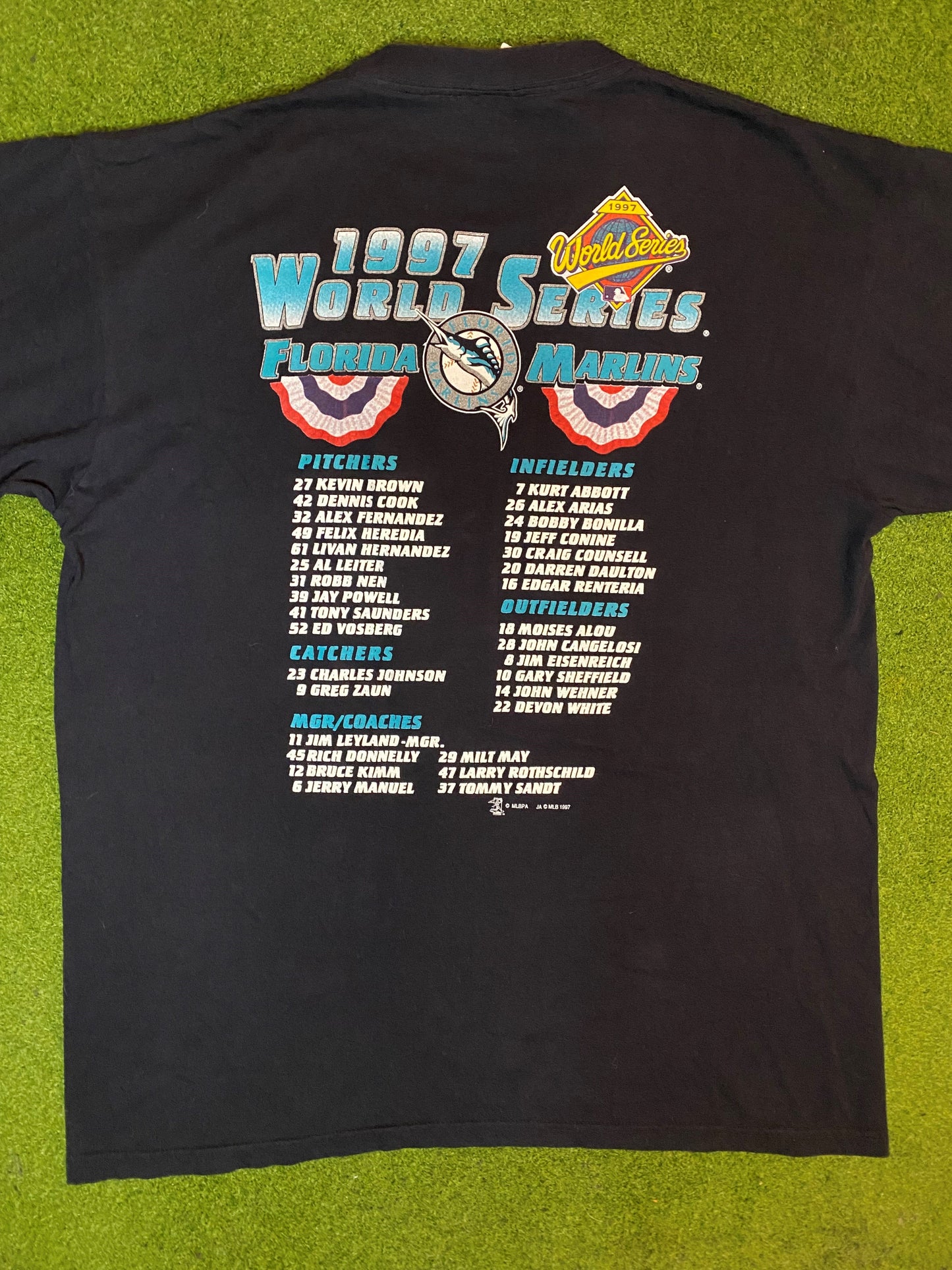 1997 Florida Marlins - Go Fish - Double Sided - Vintage MLB T-Shirt (XL) Gametime Vintage