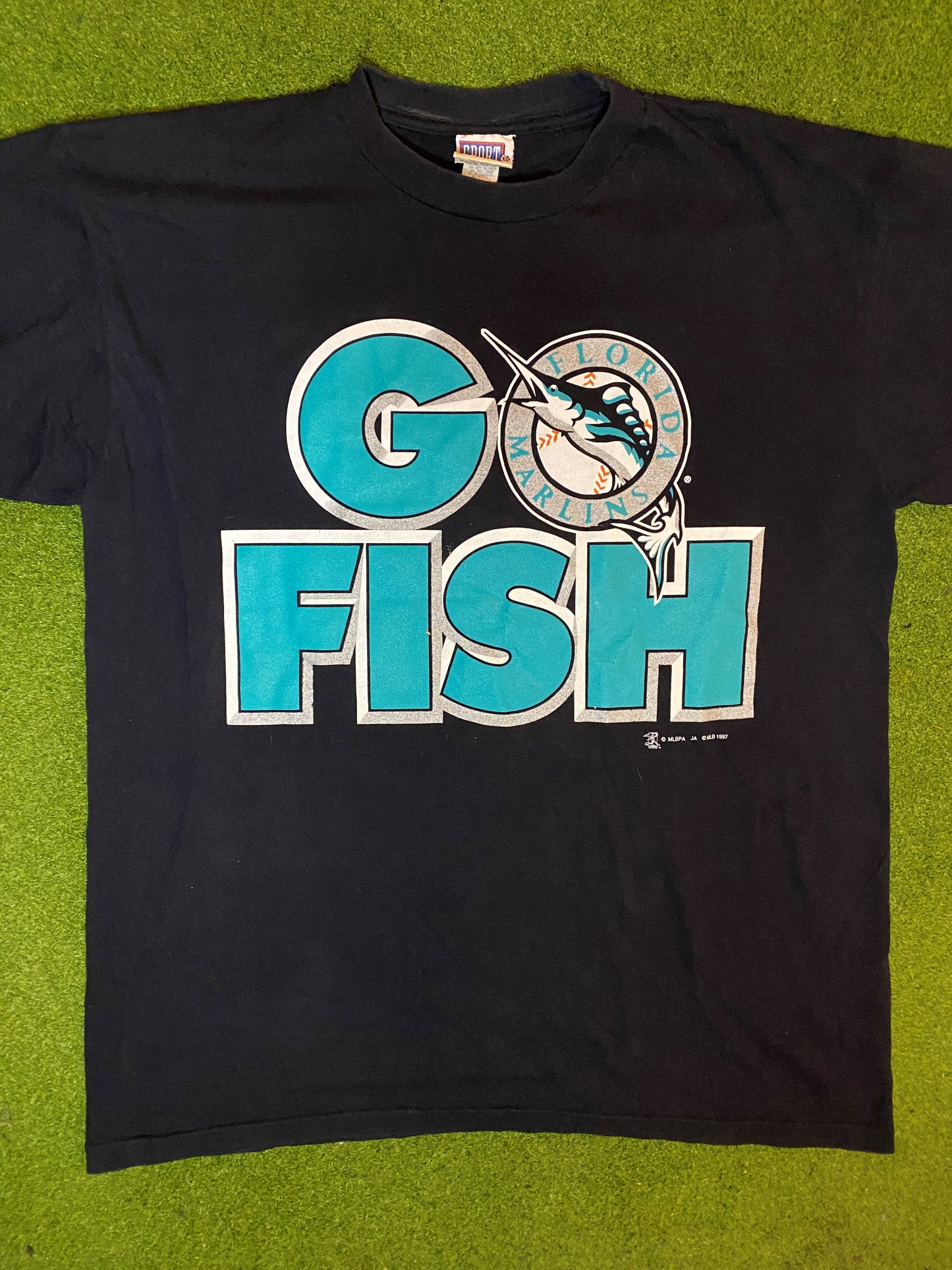 1997 Florida Marlins - Go Fish - Double Sided - Vintage MLB T-Shirt (XL) Gametime Vintage