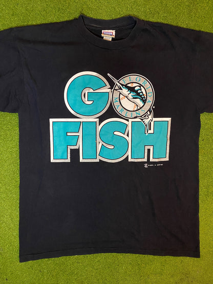 1997 Florida Marlins - Go Fish - Double Sided - Vintage MLB T-Shirt (XL)