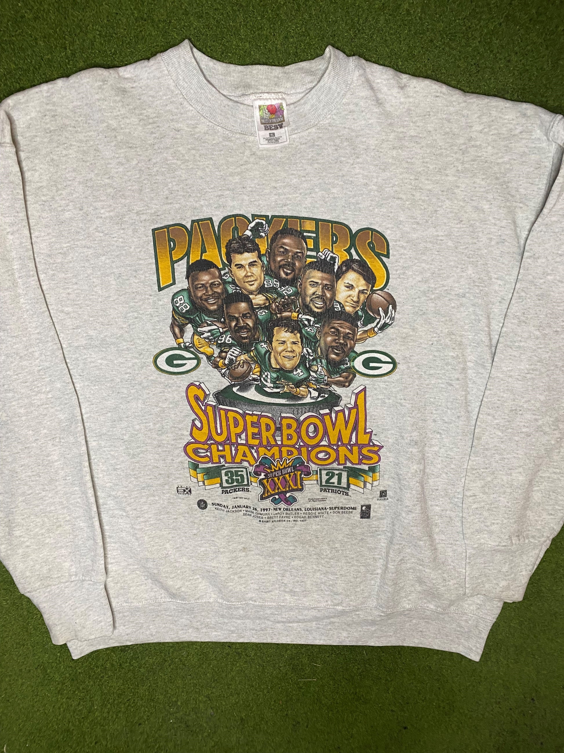 1997 Green Bay Packers - Super Bowl Champion Roster Caricature - Vintage NFL Sweatshirt (XL) 