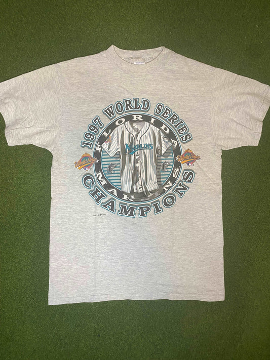 1997 Florida Marlins - World Series Champions - Vintage MLB Tee Shirt (Medium) - Gametime Vintage