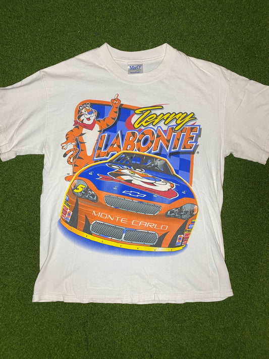 2002 Terry Labonte Double Sided - Tony the Tiger Logo - Vintage NASCAR Tee Shirt (Medium)