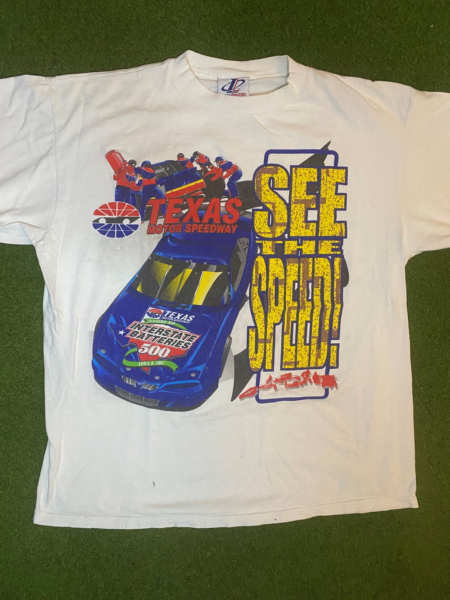 1997 Texas Motor Speedway - See the Speed - Double Sided - Vintage NASCAR T-Shirt (XL)