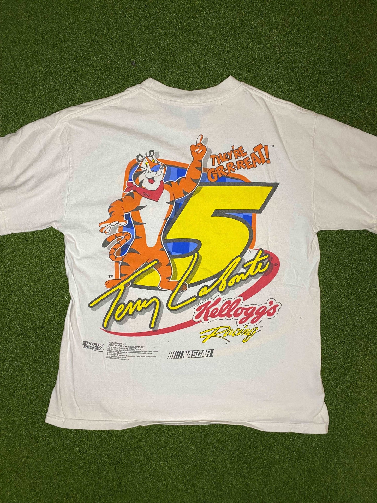 2002 Terry Labonte Double Sided - Tony the Tiger Logo - Vintage NASCAR Tee Shirt (Medium)