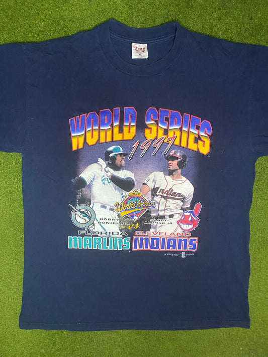 1997 World Series - Marlins Vs Indians Ft. Bonilla and Alomar Jr - Vintage MLB T-Shirt (XL)