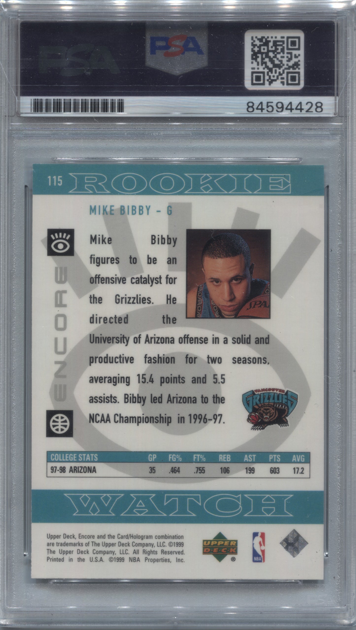 1998-99 Upper Deck Encore Mike Bibby Rookie #115 Signed PSA/DNA Auto 10