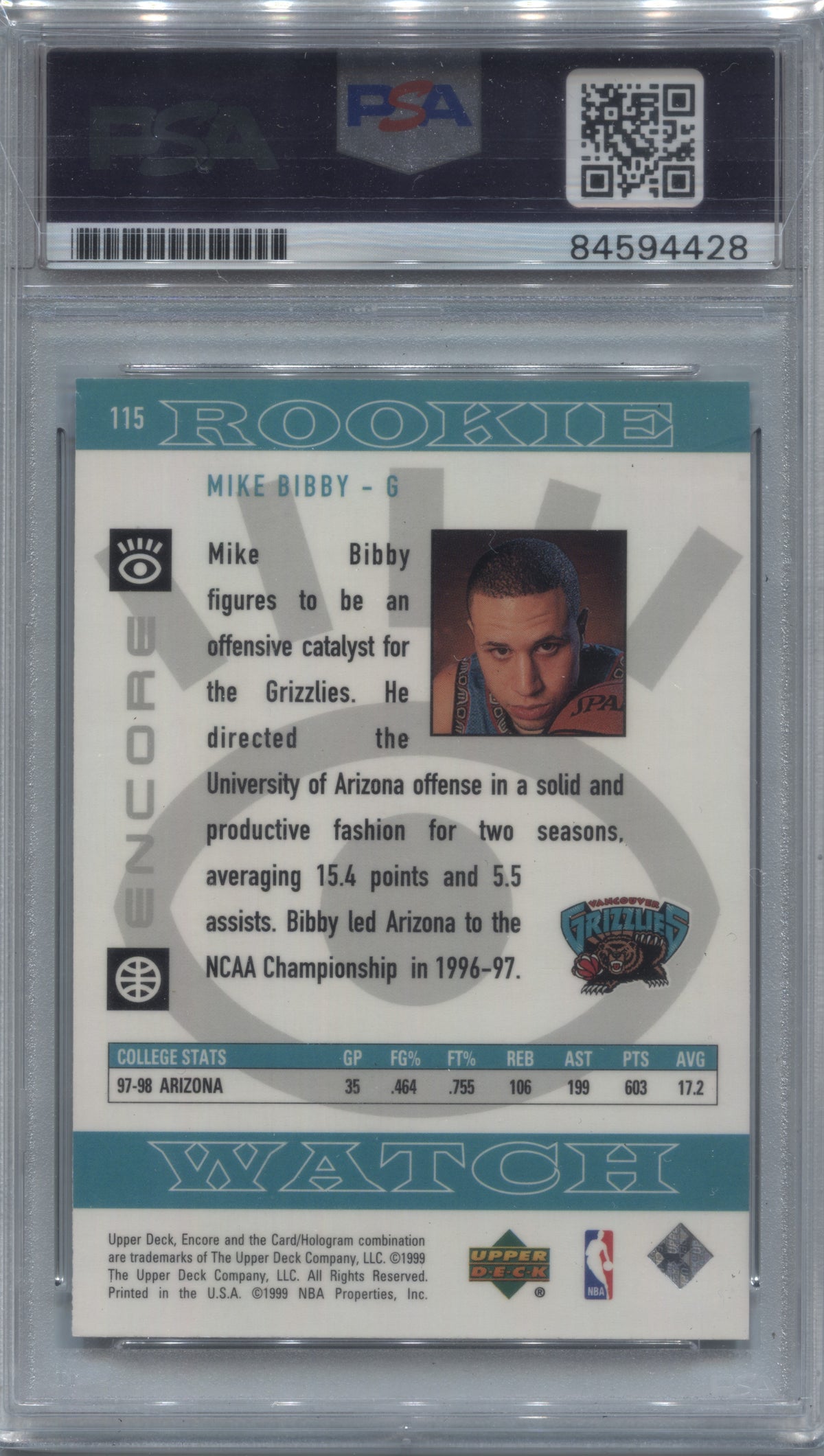 1998-99 Upper Deck Encore Mike Bibby Rookie #115 Signed PSA/DNA Auto 10