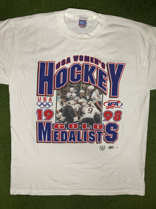 1998 USA Women's Hockey - Gold Medal - Vintage Hockey T-Shirt (XL)