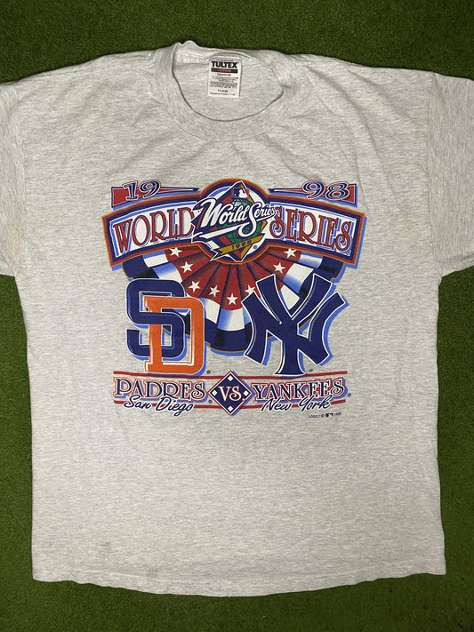 1998 World Series - Yankees Vs. Padres - Vintage MLB T Shirt (XL) - Gametime Vintage