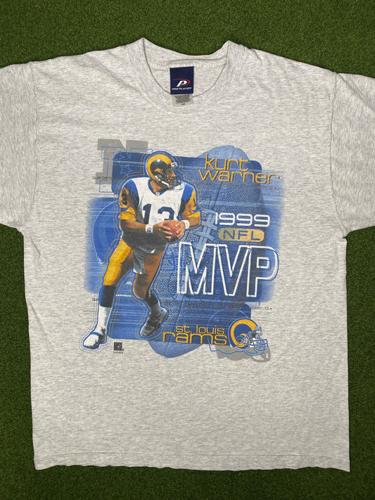 1999 St. Louis Rams - Kurt Warner MVP - Vintage NFL Player T Shirt (Large)