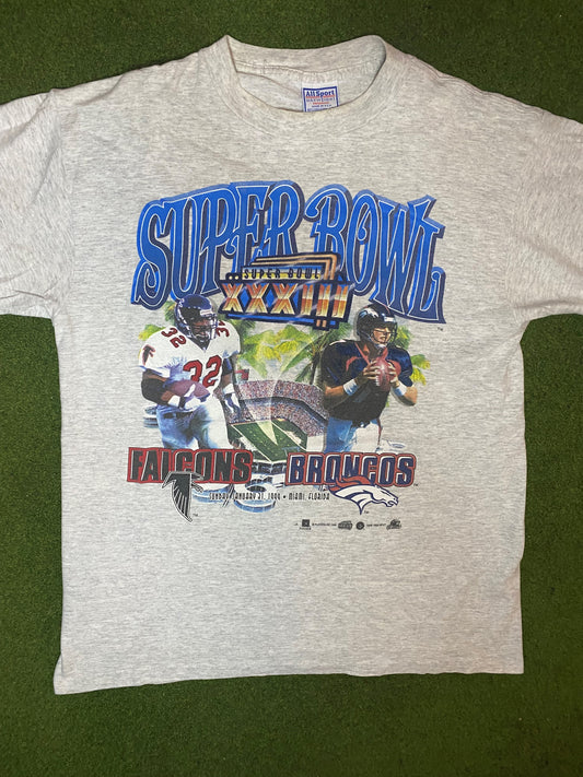 1999 Super Bowl XXXIII - Ft. Falcons Vs. Broncos - Vintage NFL T-Shirt (Large) - Gametime Vintage