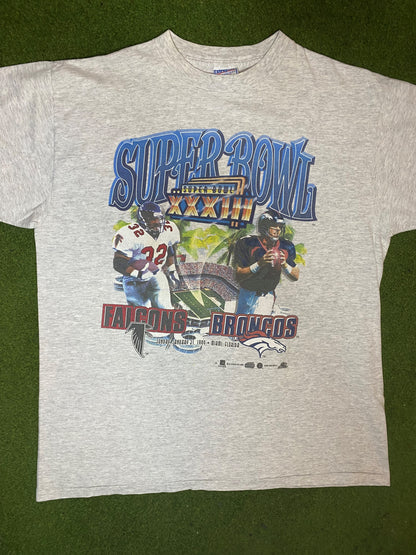 1999 Super Bowl XXXIII - Falcons vs. Broncos Ft. Jamal Anderson and John Elway - Vintage NFL T-Shirt (XL)