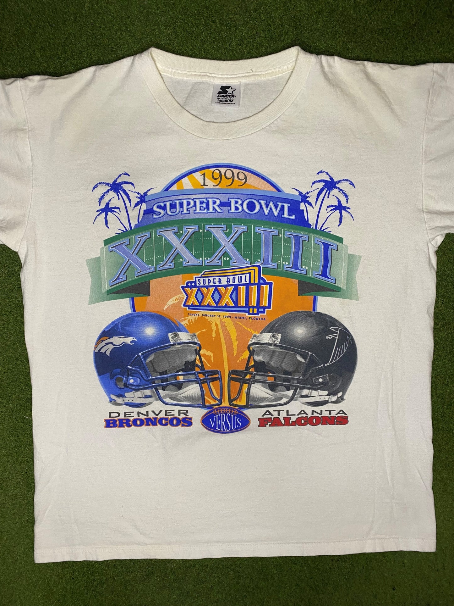 1999 Super Bowl XXXIII - Broncos Vs. Falcons - Vintage NFL T Shirt (Medium) - Gametime Vintage