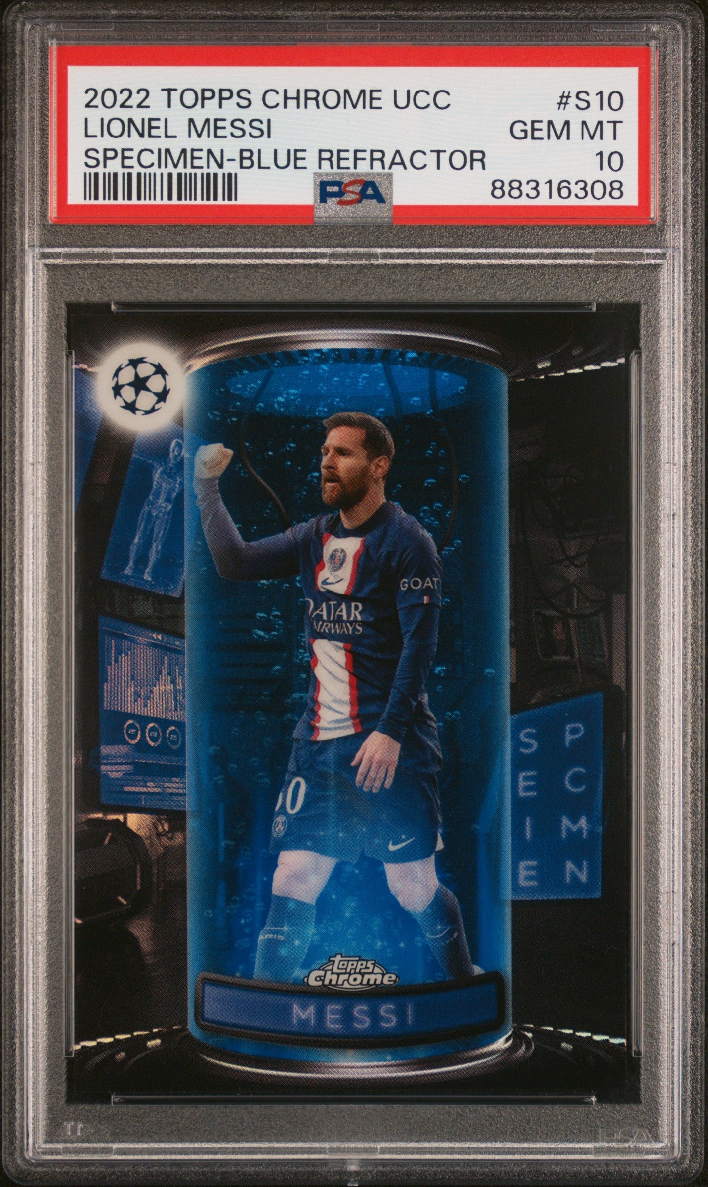 Graded 2022 Topps Chrome UCC Lionel Messi #S10 Blue Refractor #/150 Soccer Card PSA 10 Gem Mint