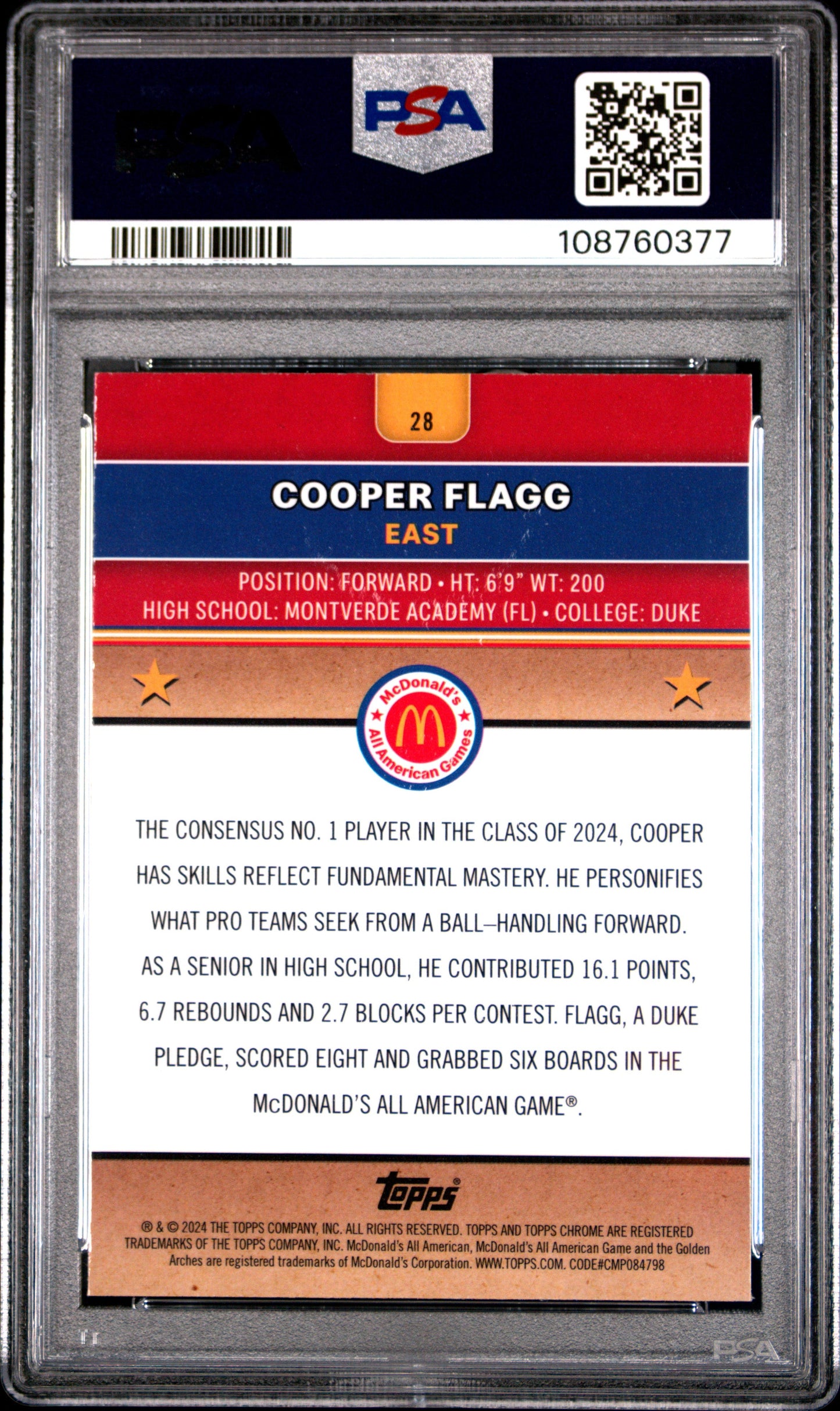 Graded 2024 Topps McDonalds Chrome Cooper Flagg #28 Blue Raywave Rookie RC Basketball Card PSA 10 Gem Mint