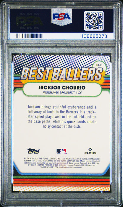Graded 2024 Topps Bowmans Best Jackson Chourio #BB21 Best Ballers Rookie RC Baseball Card PSA 10 Gem Mint
