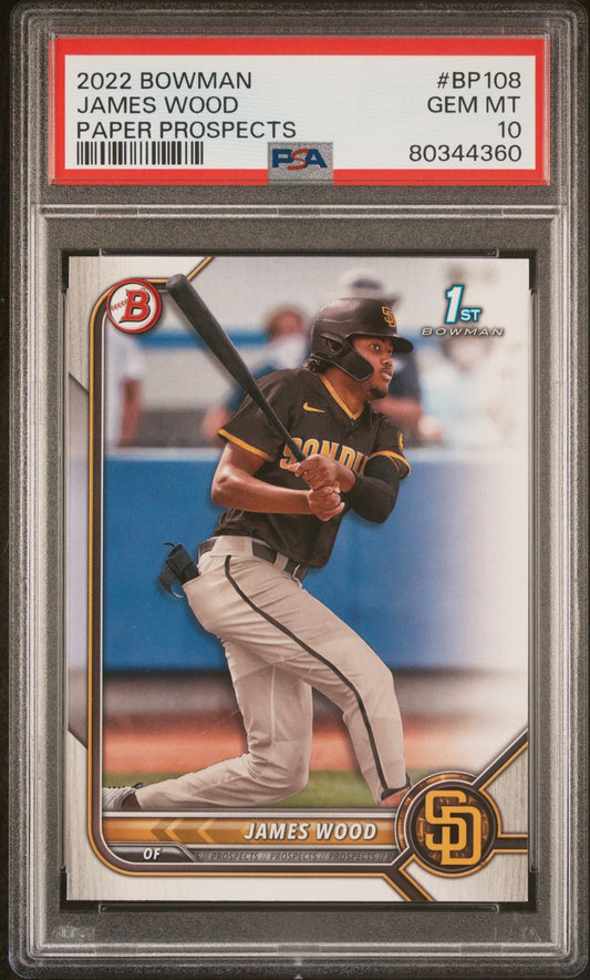 Graded 2022 Topps Bowman James Wood #BP108 Paper Prospects Rookie RC Baseball Card PSA 10 Gem Mint