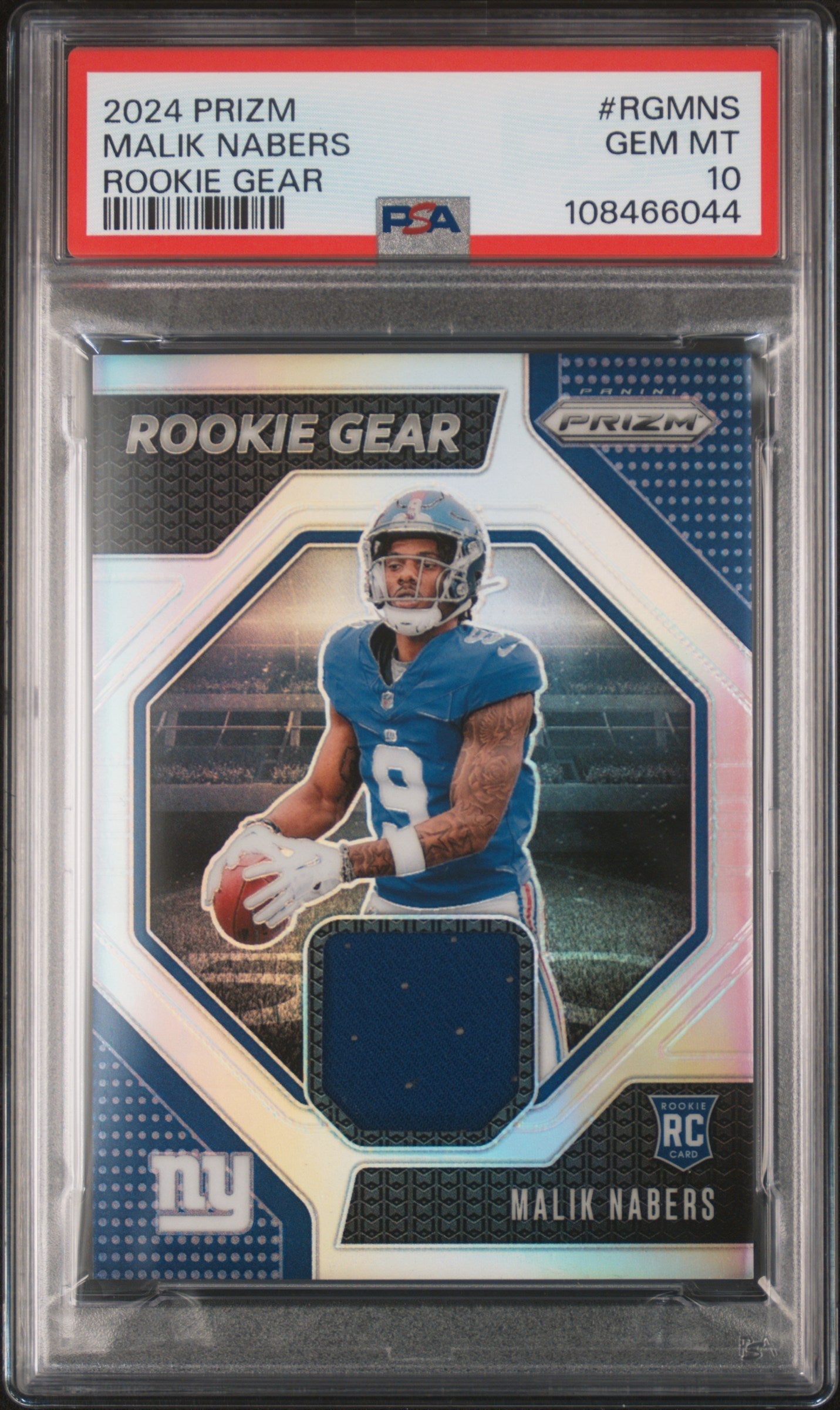 Graded 2024 Panini Prizm Malik Nabers #RGMNS Rookie Gear Rookie RC Football Card PSA 10 Gem Mint