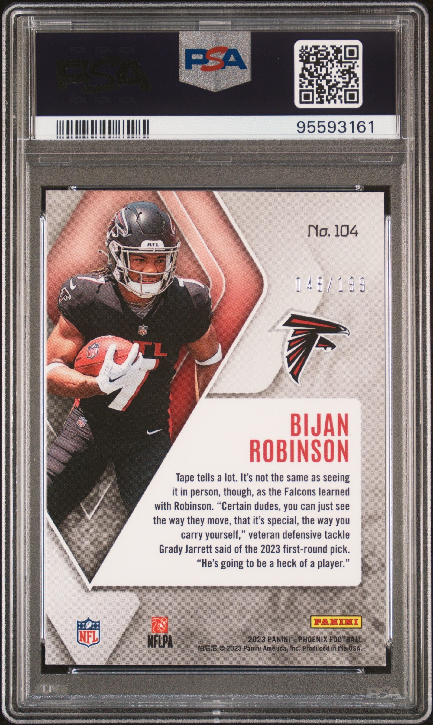 Graded 2023 Panini Phoenix Bijan Robinson #104 Red Seismic /199 Rookie RC Football Card PSA 10 Gem Mint