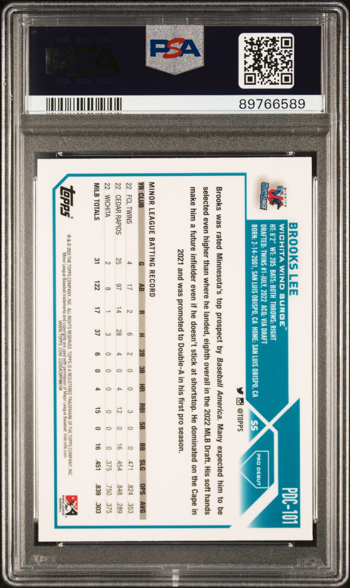 Graded 2023 Topps Pro Debut Brooks Lee #PDC101 Chrome Rookie RC Baseball Card PSA 10 Gem Mint
