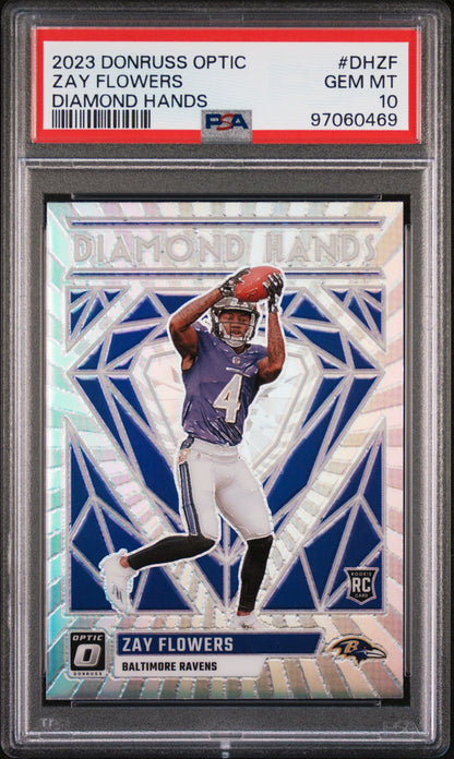 Graded 2023 Panini Donruss Optic Zay Flowers #DHZF Diamond Hands Rookie RC Football Card PSA 10 Gem Mint