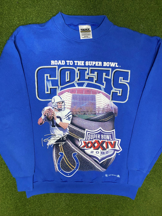 1999 Indianapolis Colts - Road to Super Bowl XXXIV - Peyton Manning - Vintage NFL Player Sweatshirt (Medium)