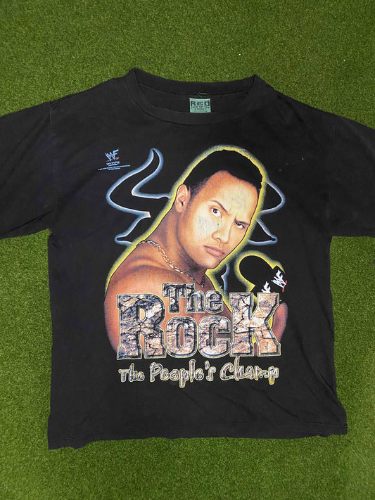 2000 The Rock - The Peoples Champ - Double Sided - Vintage WWF Tee Shirt (Large)