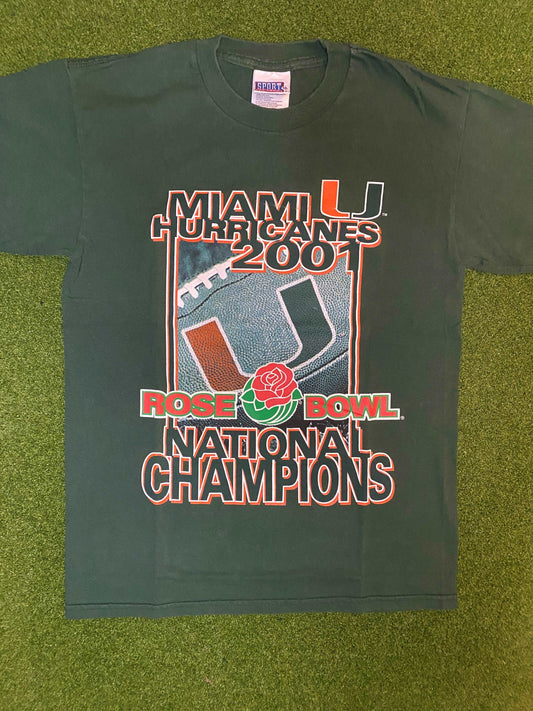 2001 Miami Hurricanes - National Champions - Vintage College Football Tee Shirt (Medium) Gametime Vintage