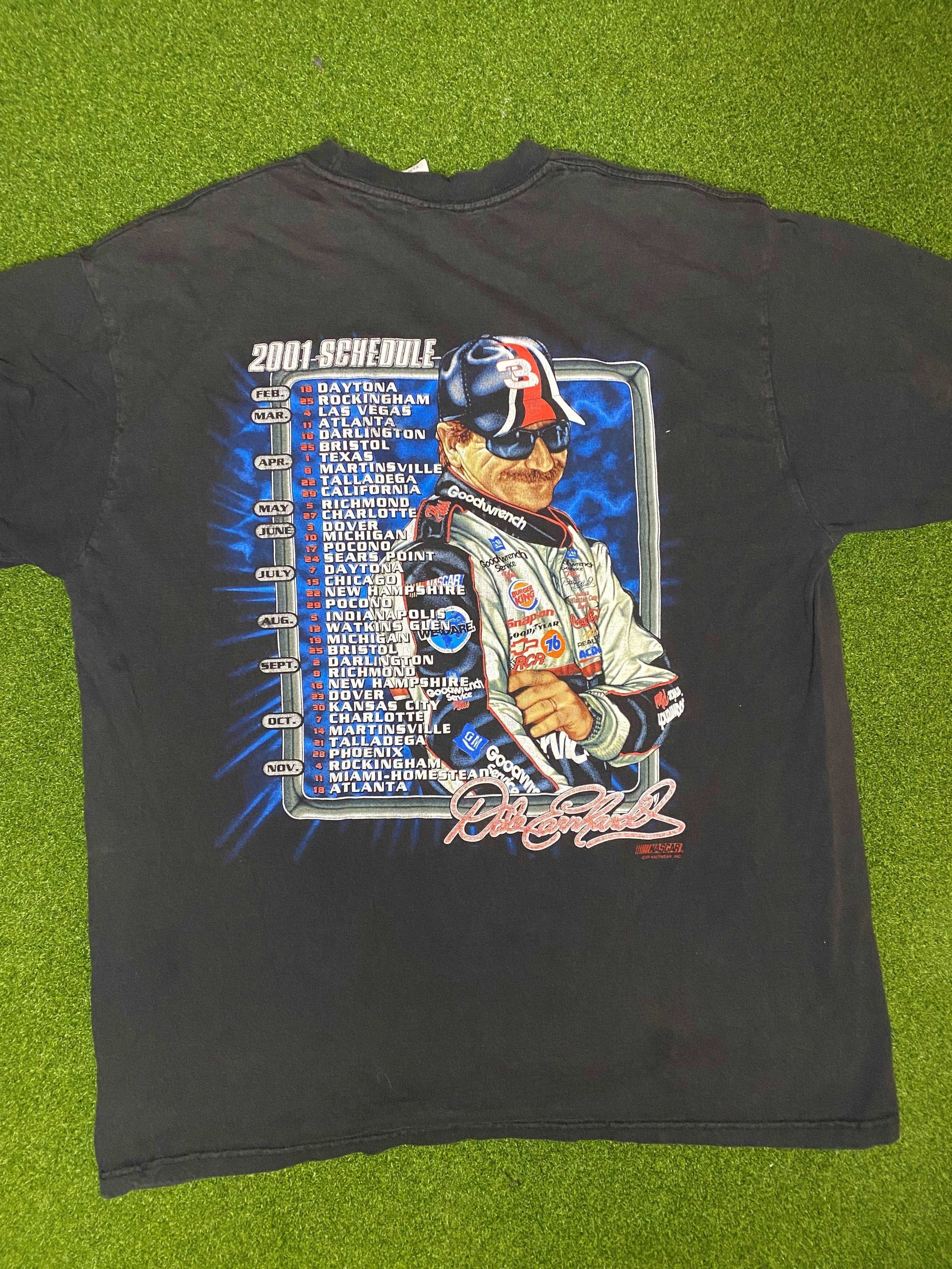 2001 Dale Earnhardt Double Sided - NASCAR Schedule - Vintage NASCAR Tee Shirt (XL)