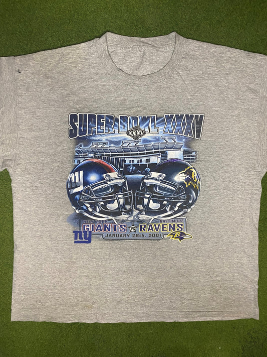 2001 Super Bowl XXXV - Giants Vs. Ravens - Vintage NFL T Shirt (2XL) - Gametime Vintage