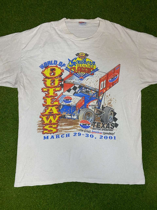 2001 World of Outlaws - Double Sided - Texas Motor Speedway - Vintage Racing Tee Shirt (Large)