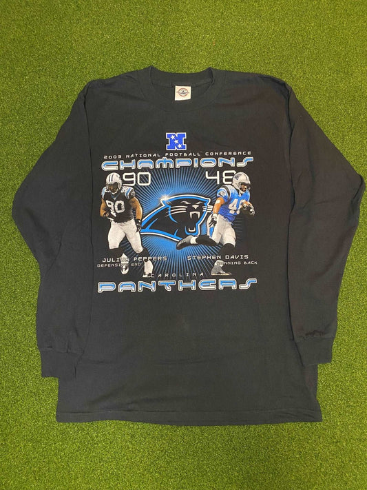 2003 Carolina Panthers - NFC Champions Ft. Julius Peppers - Double Sided Vintage NFL Long-Sleeve Shirt (Medium) - GAMETIME VINTAGE