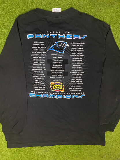 2003 Carolina Panthers - NFC Champions Ft. Julius Peppers - Double Sided Vintage NFL Long-Sleeve Shirt (Large) - Gametime Vintage