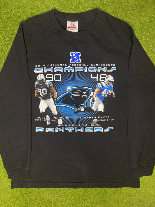 2003 Carolina Panthers - NFC Champions Ft. Julius Peppers - Double Sided Vintage NFL Long-Sleeve Shirt (Large) - Gametime Vintage