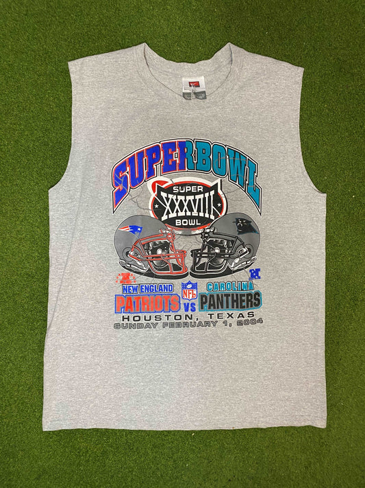 2004 Super Bowl XXXVIII - Carolina Panthers vs New England Patriots - Nike - Double Sided - Vintage NFL Tank (Large) Gametime Vintage