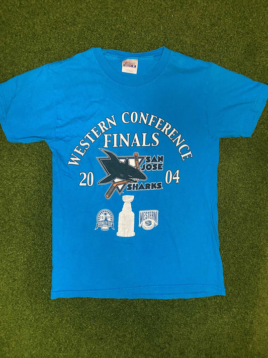 2004 San Jose Sharks - West Conf Finals - Vintage NHL Tee Shirt (Small) - Gametime Vintage